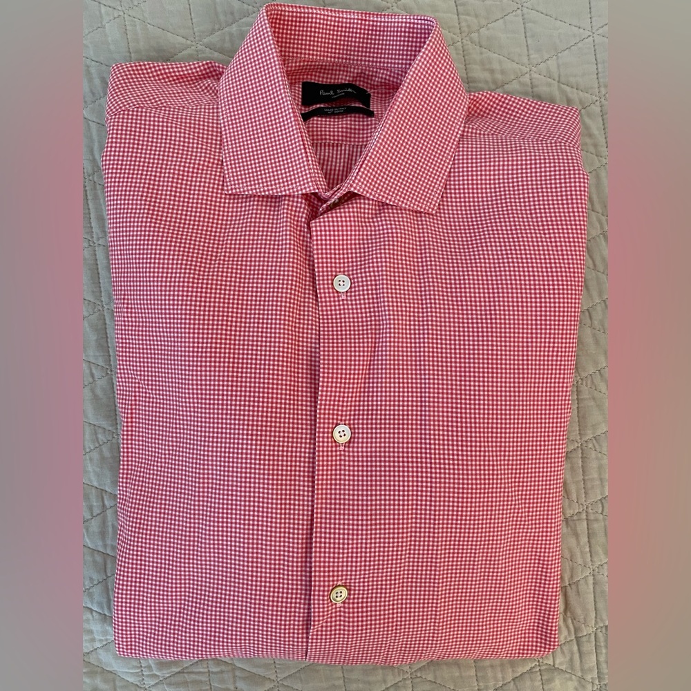 Paul Smith Made In Italy Mini Gingham Check SoHo Shirt in Blood Orange 16”  $295